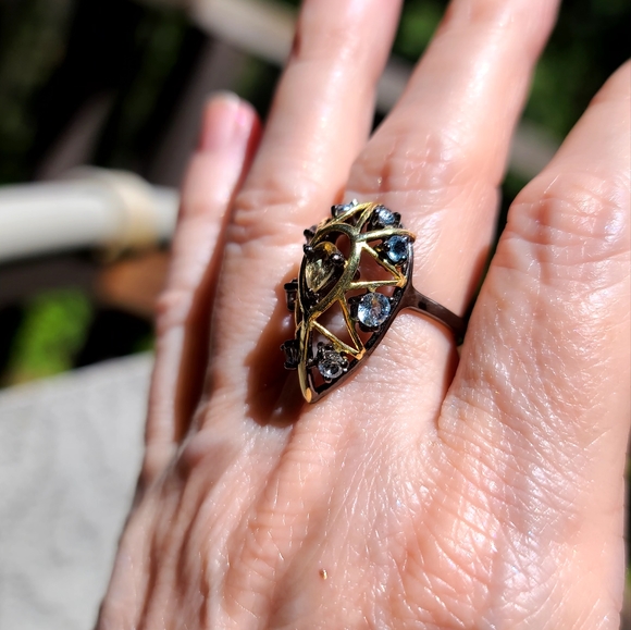 Citrine & Topaz Sterling Rhodium & Gold Art Deco ring sz6.5 - Picture 11 of 15